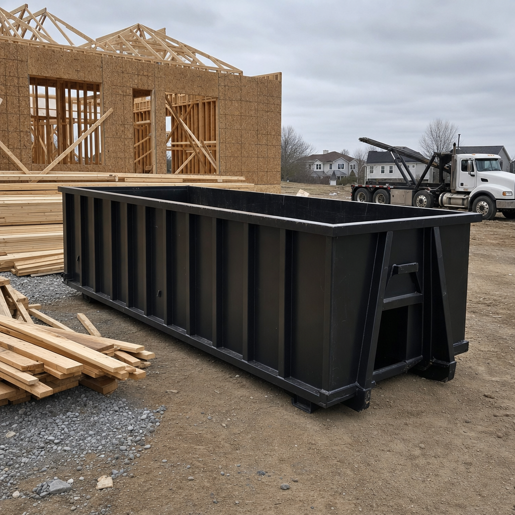 Matte-black 40-yard roll-off dumpster staged on a framed-out residential construction site in Wichita, framing lumber stacked nearby, hooklift delivery truck visible in the background under bright Colorado daylight