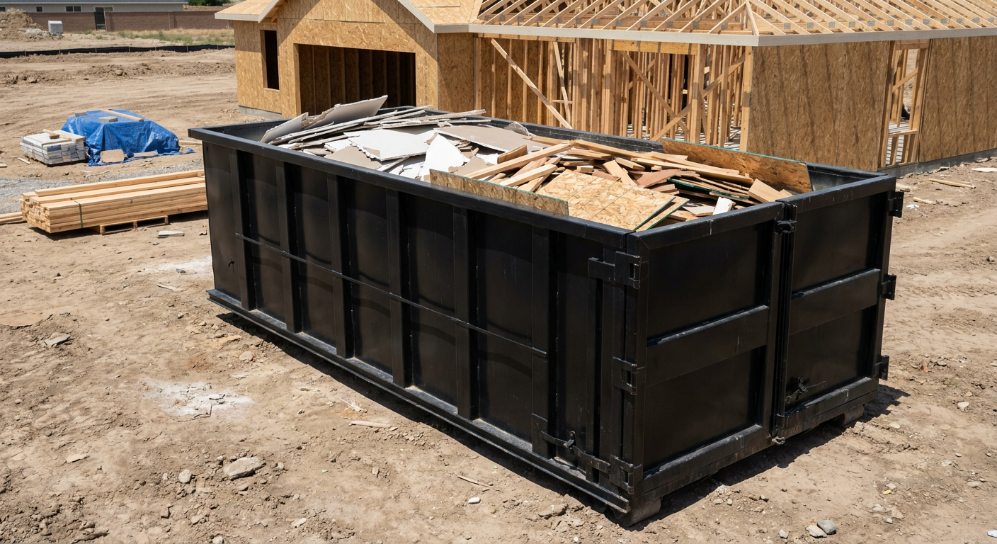 Matte-black 30-yard roll-off construction dumpster sitting directly on the compacted-dirt site of a framed single-family home build in Wichita, drywall and lumber scrap loaded inside.
