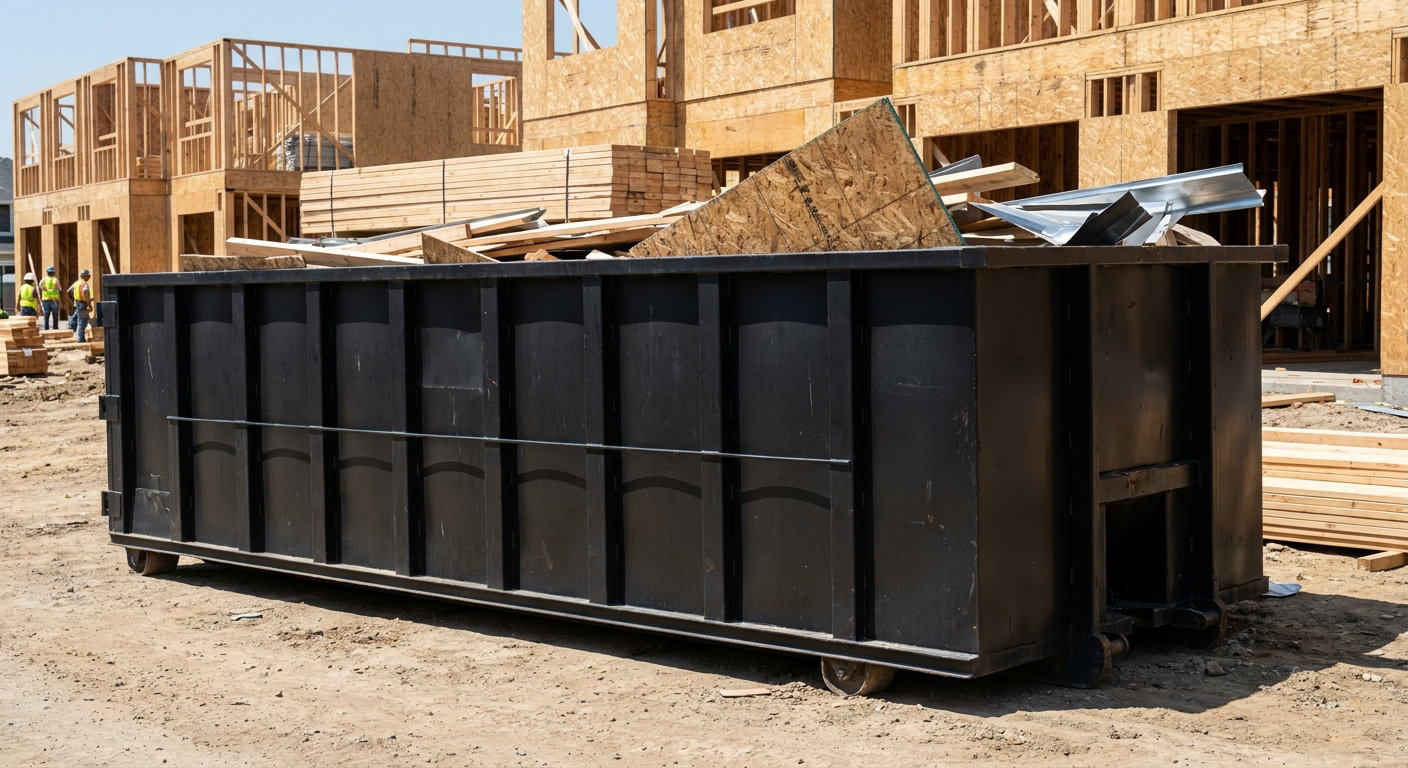 Matte-black 40-yard roll-off construction dumpster being lowered from a white-cab hooklift delivery truck onto the compacted-dirt jobsite at a commercial build site in Wichita
