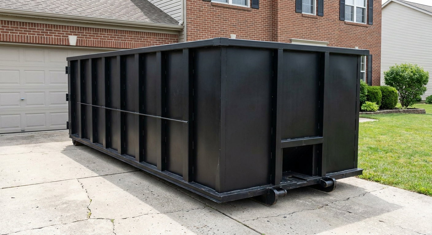 Matte-black 20-yard roll-off container on a Wichita residential concrete driveway with reinforced ribbed steel sidewalls and a hinged rear walk-in door, clean bright daylight.
