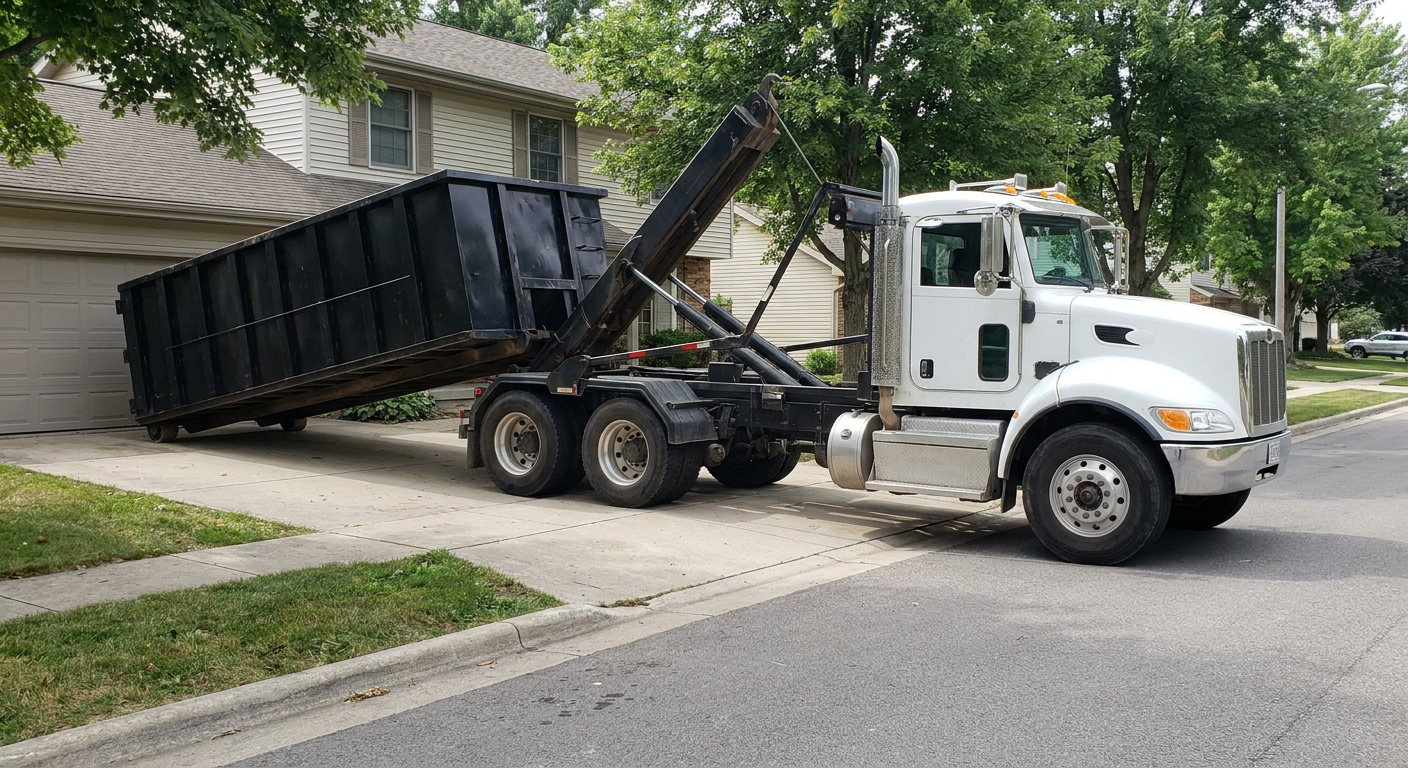 White-cab hooklift roll-off truck actively lowering a matte-black dumpster onto a Wichita residential concrete driveway, the dumpster's rear wheels touching the driveway as the hoist arm tilts the bed forward, mid-morning daylight.