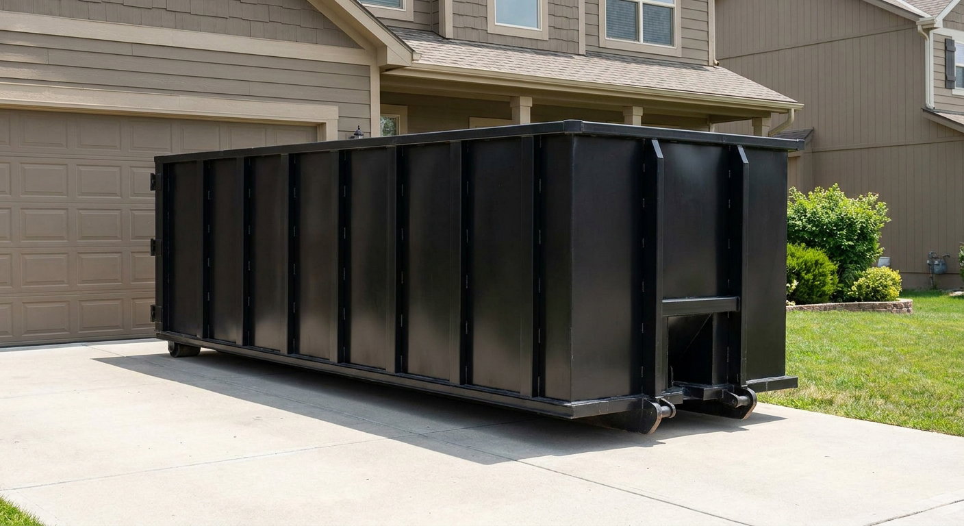 Matte-black residential roll-off dumpster sitting directly on a suburban Wichita concrete driveway, garage door closed, single-family home in background, bright morning daylight.