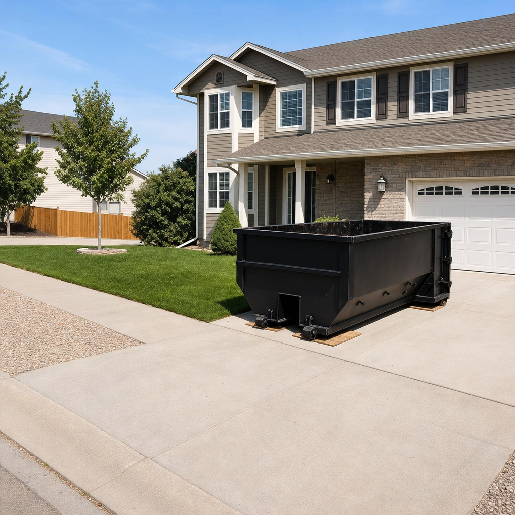 10-yard matte-black residential dumpster placed directly on a narrow Wichita concrete driveway, room remains for a parked sedan beside it, mid-morning natural light