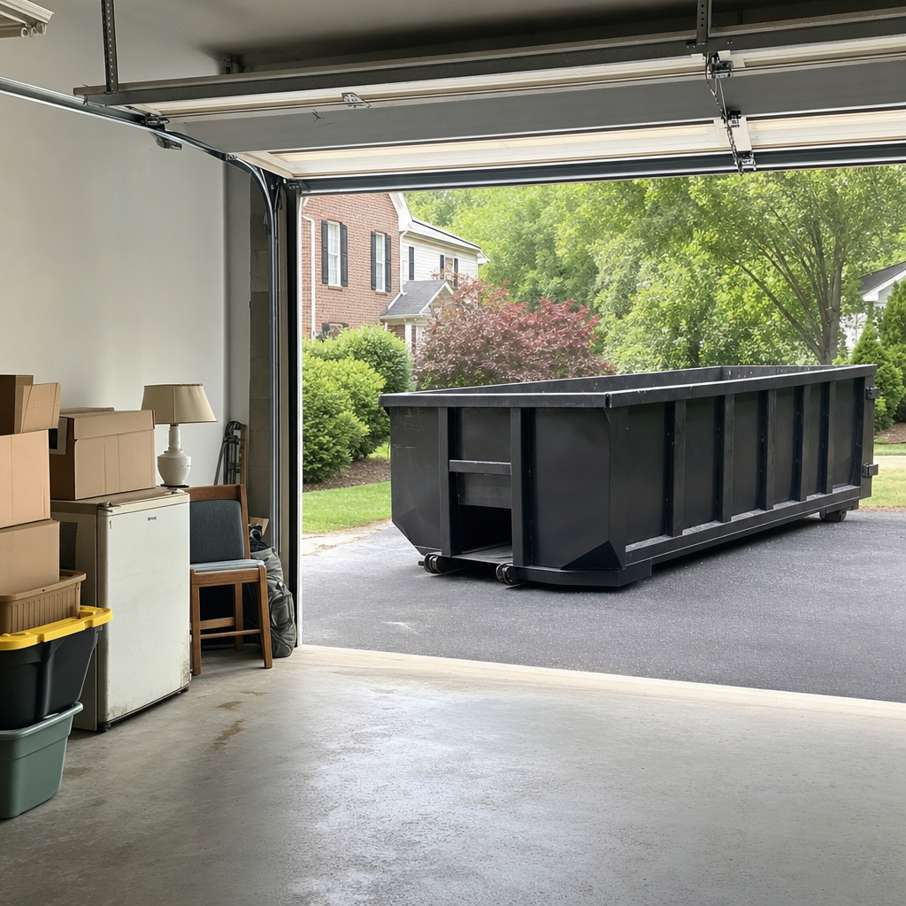Open garage interior in a Wichita home mid-cleanout — boxed items, an old appliance, and stacked yard tools queued near the driveway for a matte-black roll-off dumpster, organized and calm