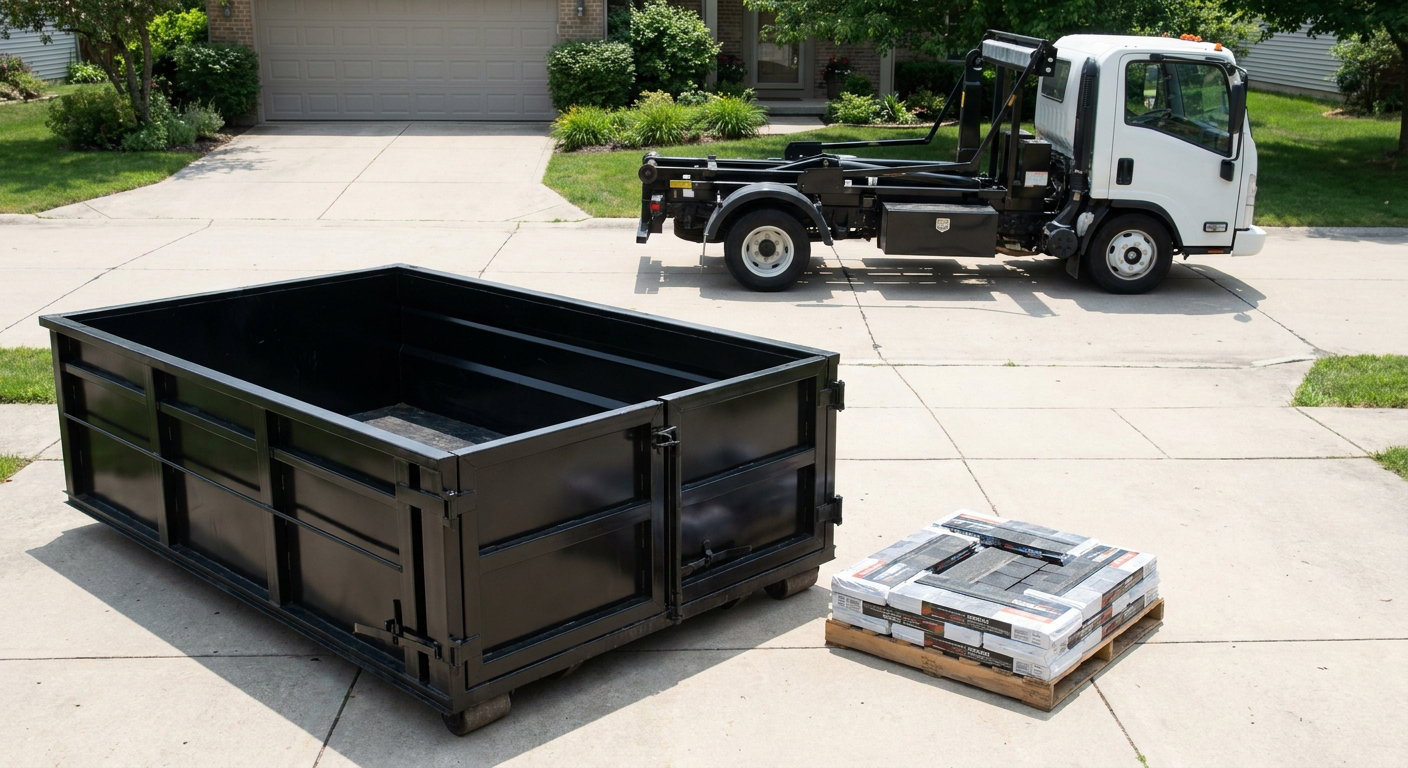 Matte-black 15-yard roofing roll-off dumpster with reinforced low side walls sitting directly on a Wichita residential concrete driveway, three-tab asphalt shingle bundles stacked nearby, an unmarked white hauler truck partially visible at the edge of the frame.