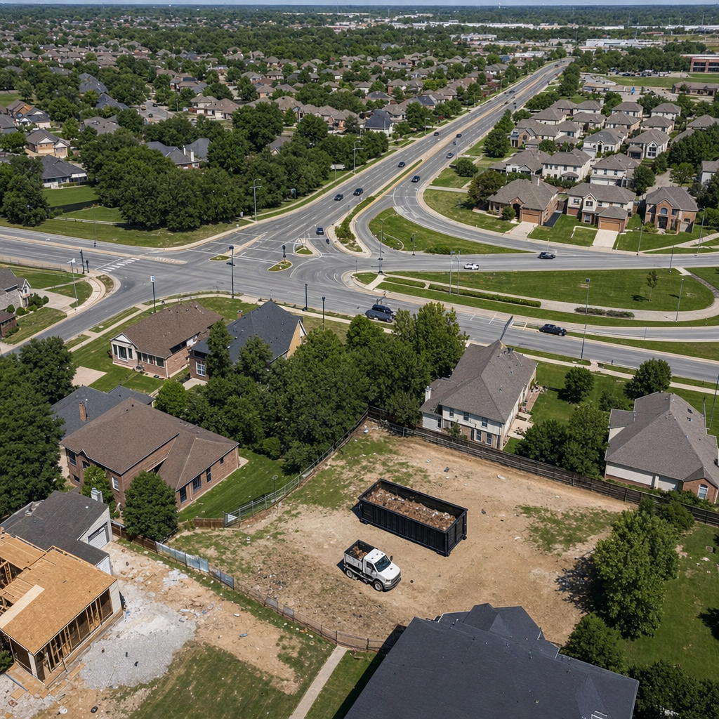 An overhead documentary view of the Wichita metro area at midday, showing the spread of neighborhoods, arterial roads, and the dispatch radius from a central yard — clean daylight, organized geographic layout.