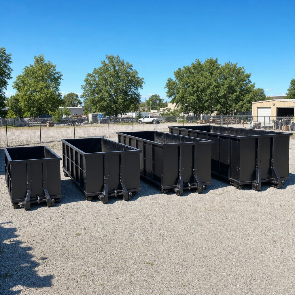 A clean lineup of matte-black roll-off dumpsters in 10, 20, 30, and 40-yard sizes staged on a sunlit gravel yard in Wichita, showing the size progression from compact to commercial-scale containers.