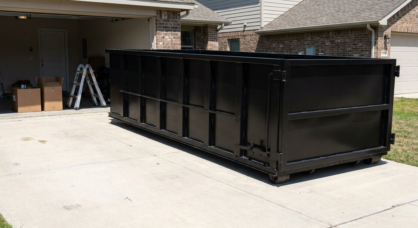 A matte-black 10-yard roll-off dumpster sitting directly on a residential Wichita concrete driveway, mid-day sunlight, clean and ready for a garage cleanout.