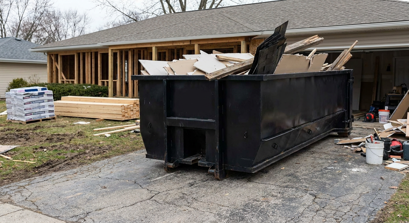 A matte-black 20-yard roll-off dumpster placed alongside a mid-renovation Wichita home directly on the asphalt driveway, with framing materials and torn-off shingles staged neatly nearby.