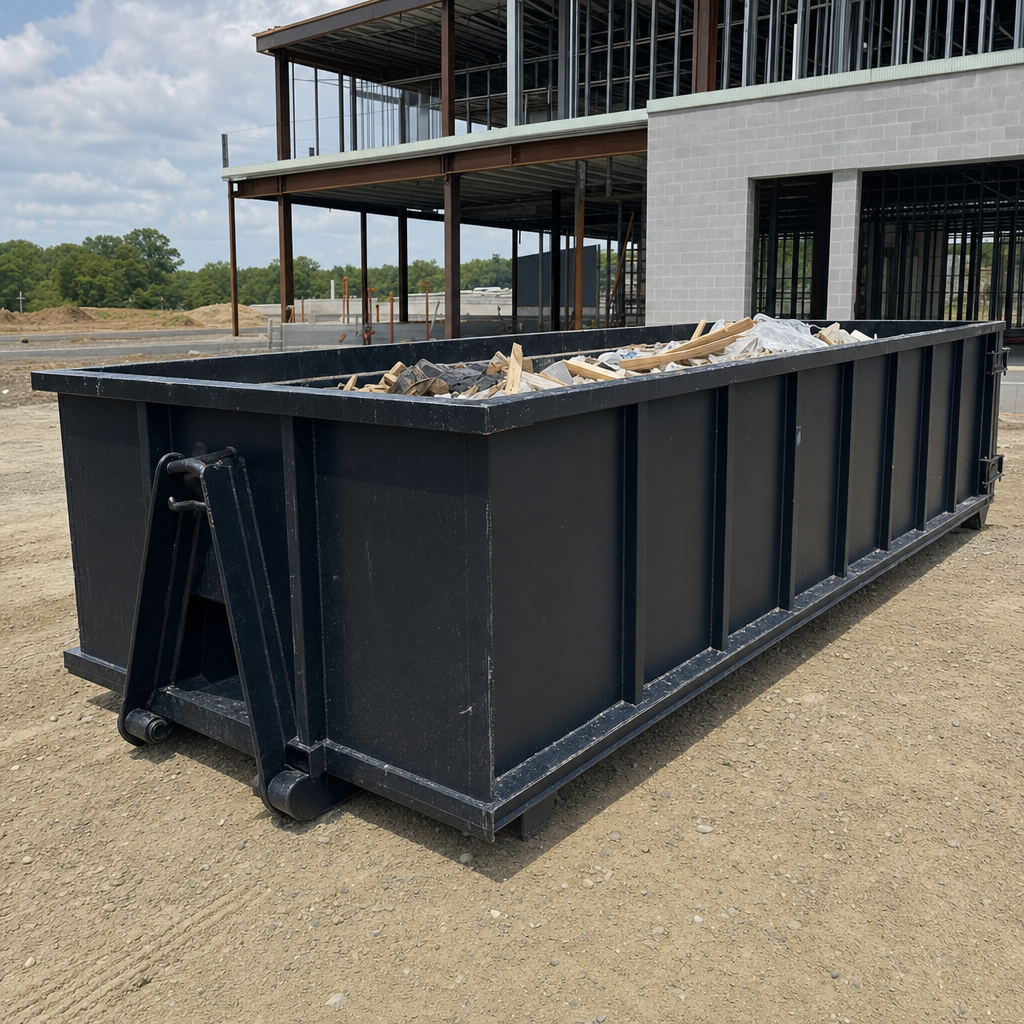 A matte-black 40-yard roll-off dumpster staged on a large Wichita commercial construction lot, with a hooklift delivery truck parked alongside under bright midday sky.